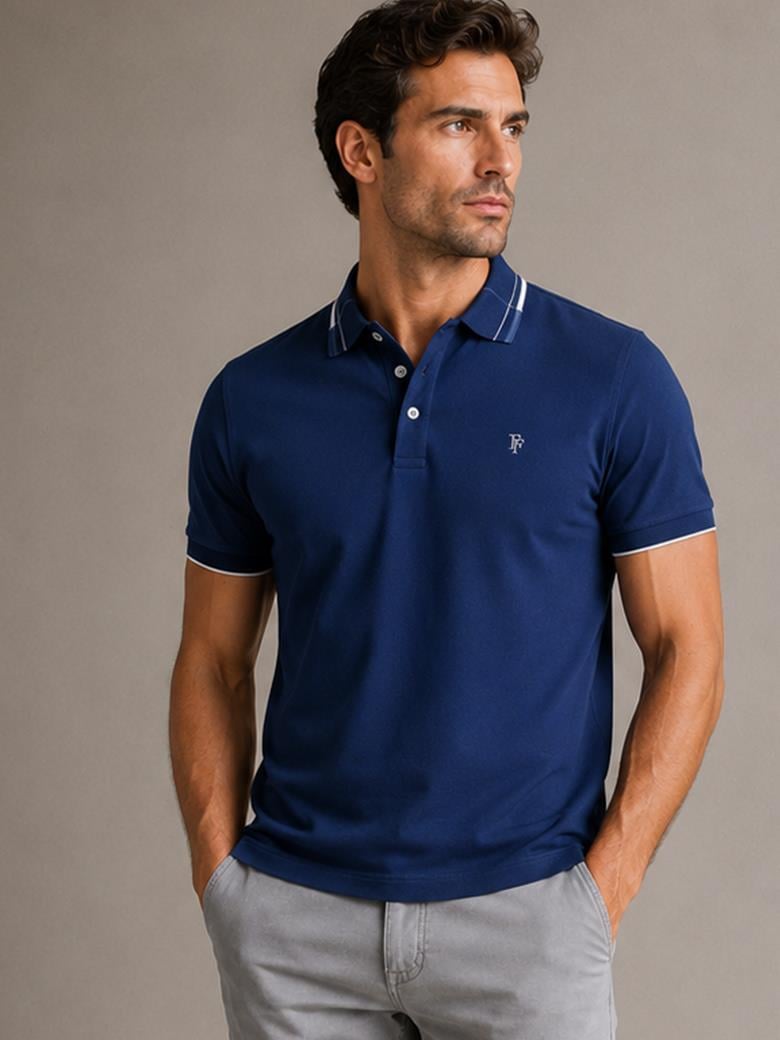 Regular Fit Yaka Detaylı Merserize %100 Pamuk Açık Lacivert Polo Tişört