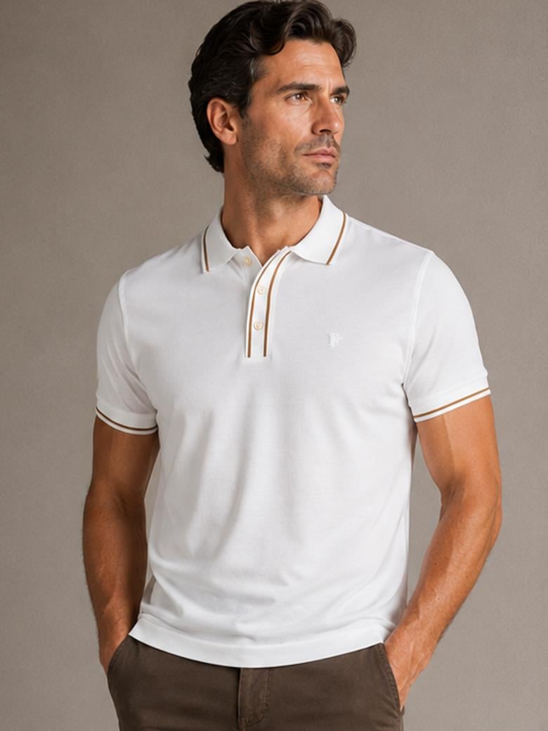 Regular Fit Yaka Detaylı Merserize %100 Pamuk Ekru Polo Tişört