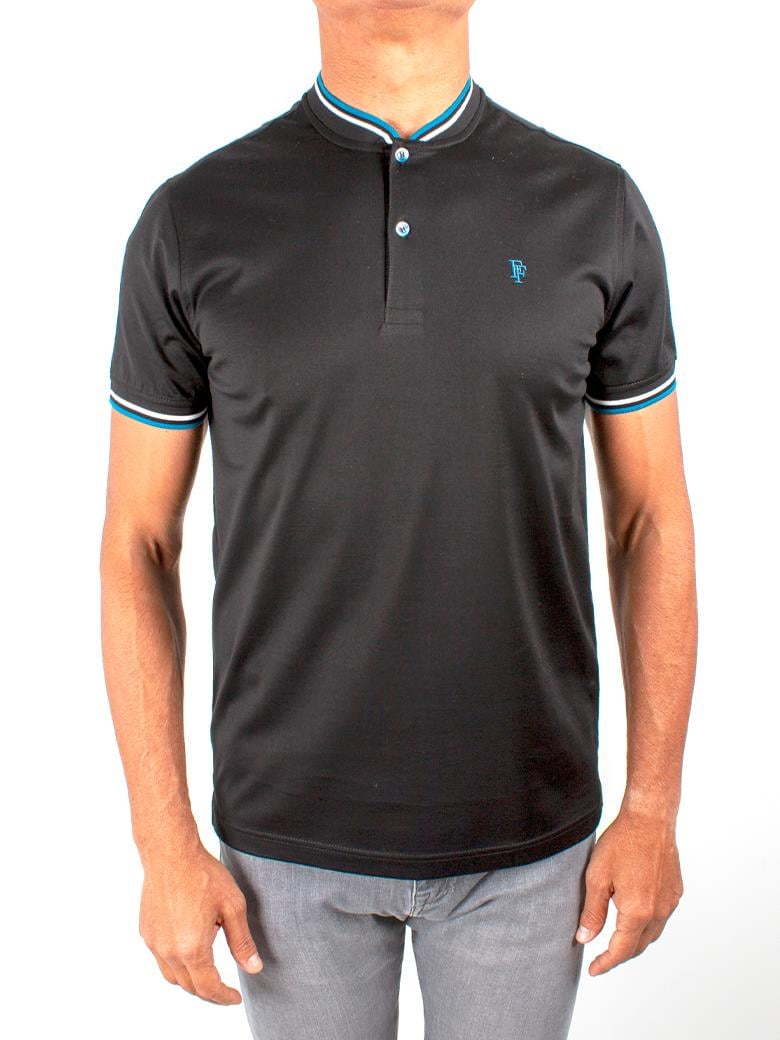 Regular Fit Yaka Detaylı Merserize %100 Pamuk Siyah V Yaka Düğmeli Tişört