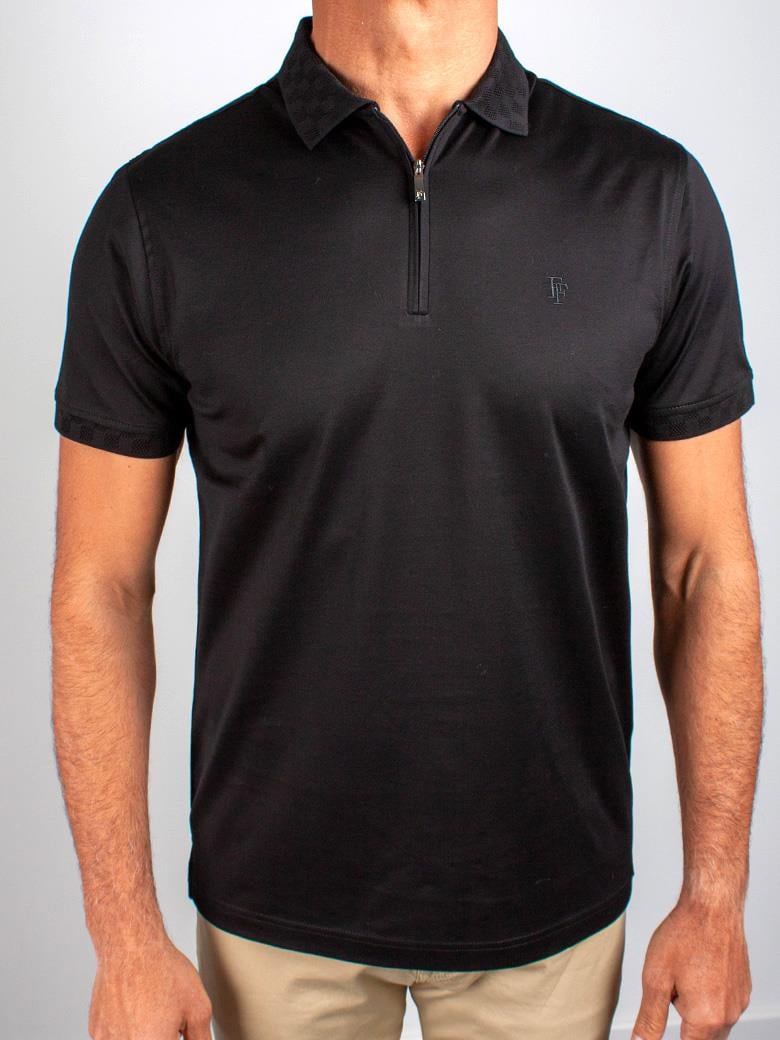 Reguler Fit Yaka Detaylı Merserize %100 Pamuk Fermuarlı Siyah Polo Tişört