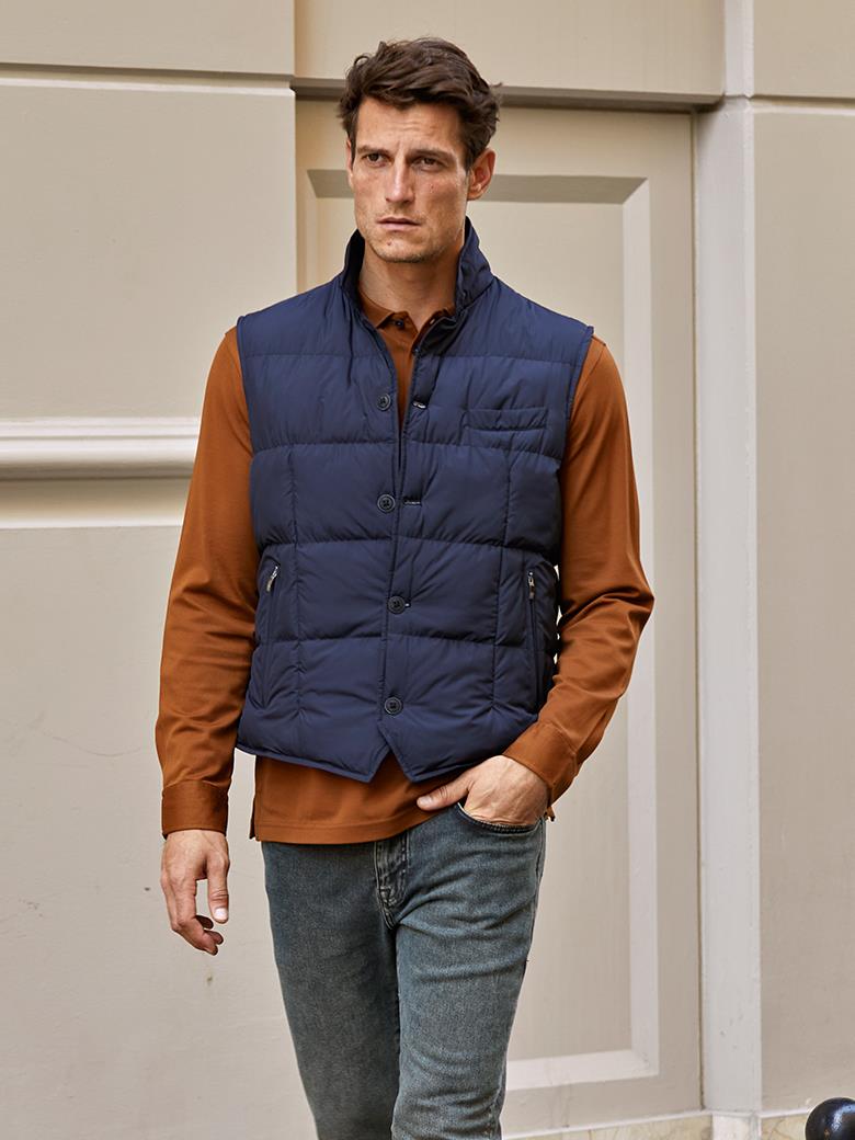 Standard Fit Stand Collar Navy Blue Vest