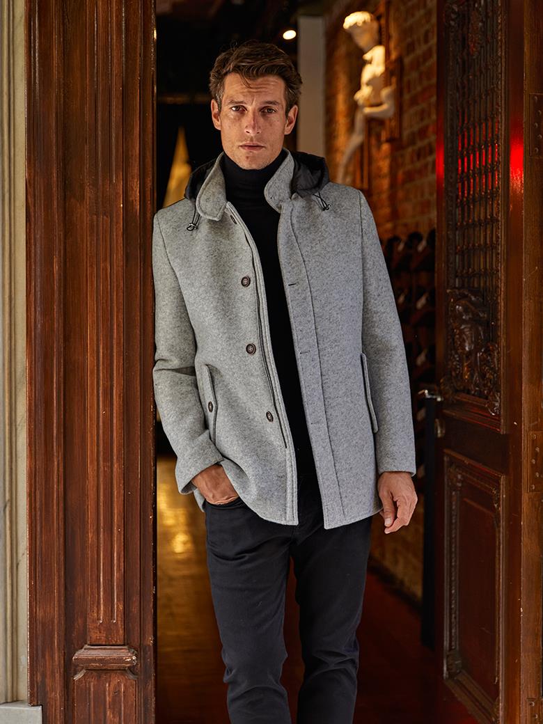 Standard Fit Hooded Gray Wool Coat