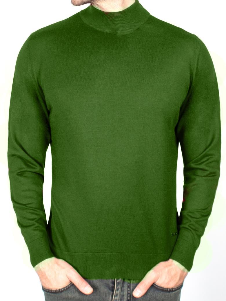 Standart Fit Normal Kesim Balıkçı Yaka Yeşil Triko Yün Kazak