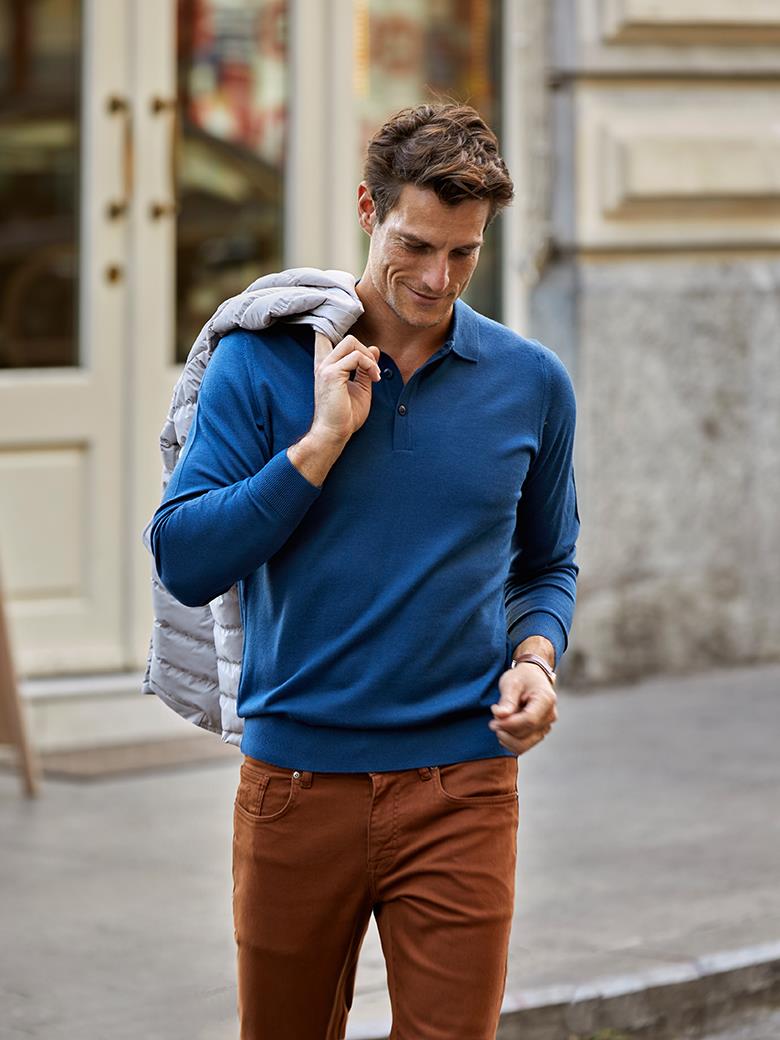 Standard Fit Regular Cut Polo Collar Indigo Knitted Wool Sweater