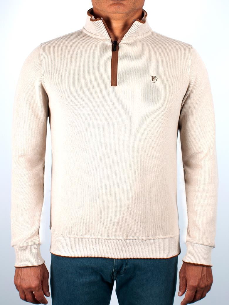 Standart Fit Troyer Yaka Ekru Fermuarlı Pamuk Sweatshirt