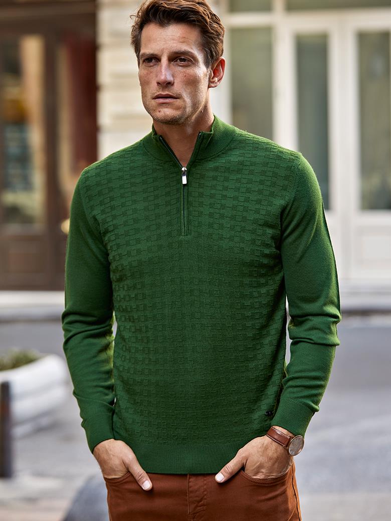 Standard Fit Green Troyer Collar Wool Sweater