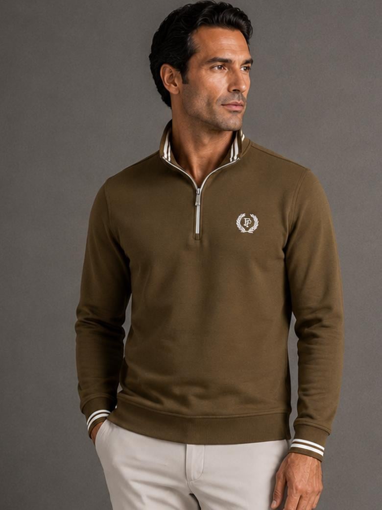 Uzun Kollu Troyer Yaka Pamuk Karışımlı Haki Polo Shirt