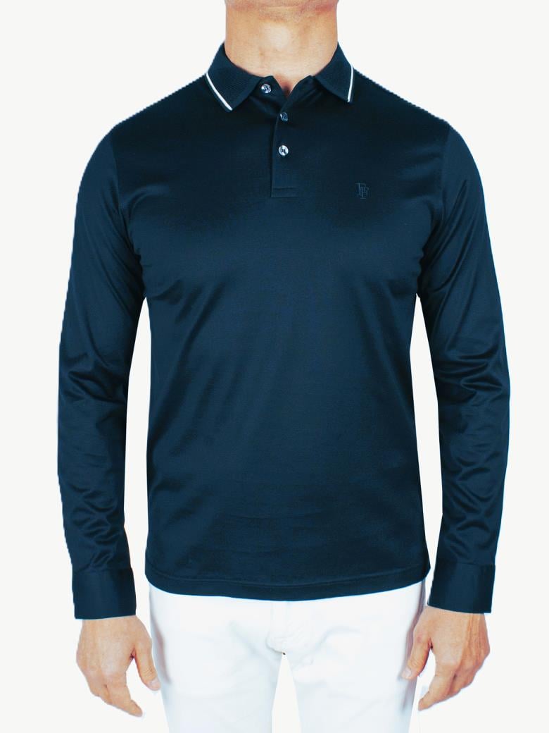 Uzun Kollu Yaka Detaylı Merserize Pamuk Koyu Lacivert Polo Shirt