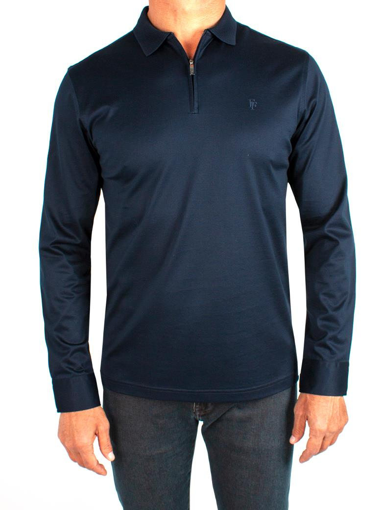 Uzun Kollu Yaka Detaylı Merserize Pamuk Koyu Lacivert Polo Shirt