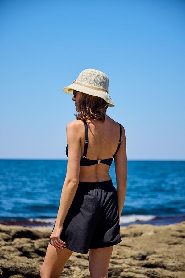 Starinci MayoBikini Takımı Paraşüt Şortlu Düz Siyah Bralet Üst