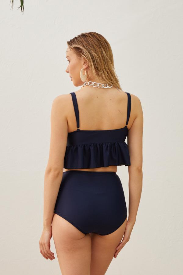 Starinci Mayoİnce Askılı Pileli Yüksek Bel Toparlayıcı Lacivert Bikini Takımı 
