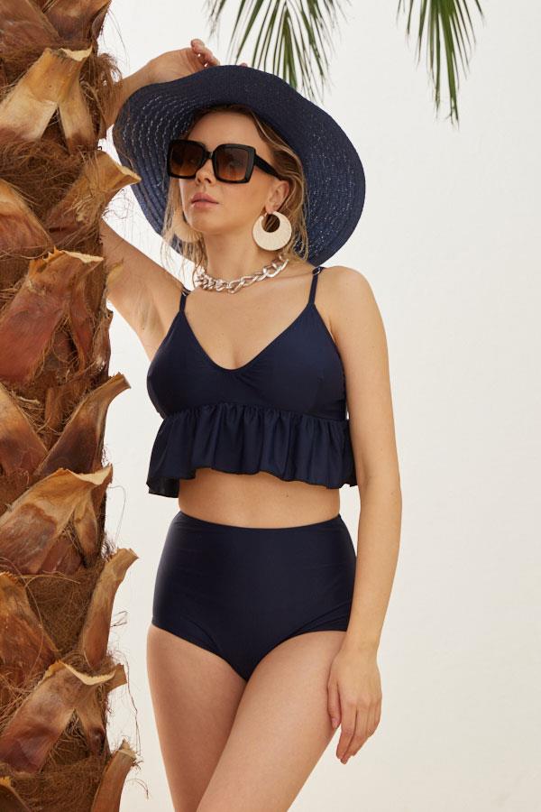 Starinci Mayoİnce Askılı Pileli Yüksek Bel Toparlayıcı Lacivert Bikini Takımı 