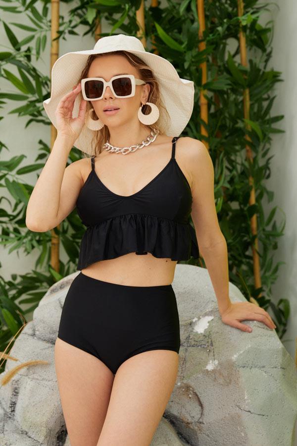 Starinci MayoPileli İnce Askili Bikini Takimi Yüksek Bel Düz Siyah