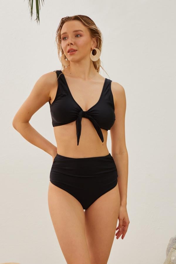Starinci MayoToparlayıcı Yüksek Bel Fiyonklu Bikini Takımı Siyah