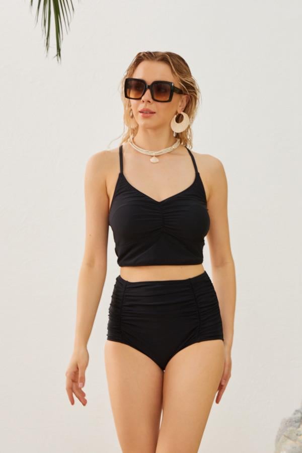 Starinci MayoYüksek Bel Büzgülü Model Toparlayıcı Siyah Bikini Takımı