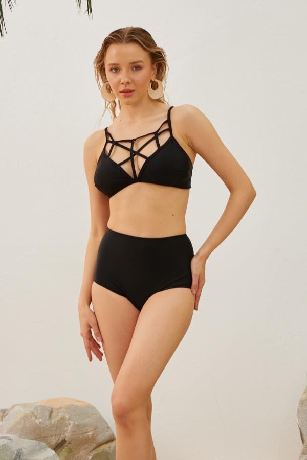 Starinci MayoYüksek Bel Toparlayıcı Bikini Takımı Göğüs Biyeli Düz Siyah 