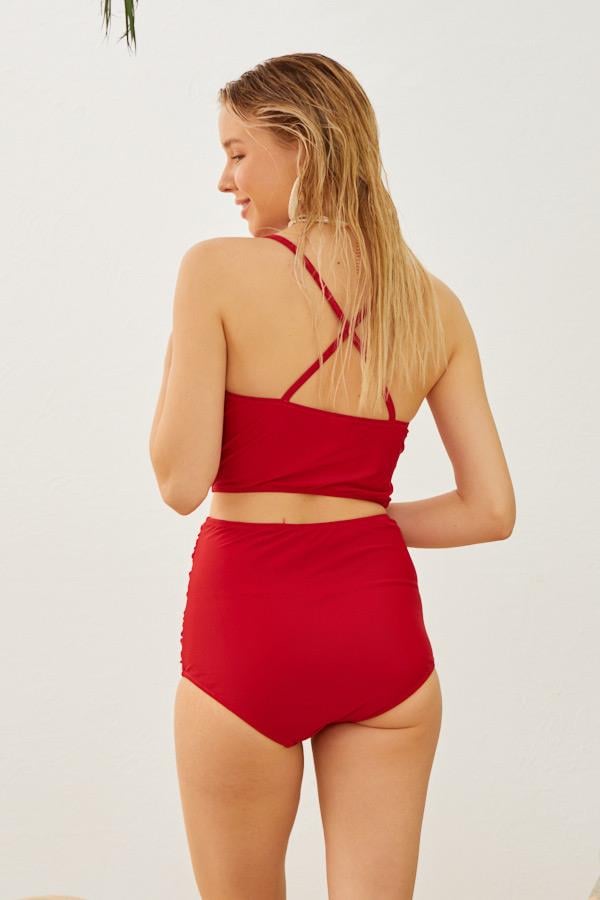 Starinci MayoYüksek Bel Toparlayıcı Model Göğüs Büzgülü Kırmızı Bikini Takımı