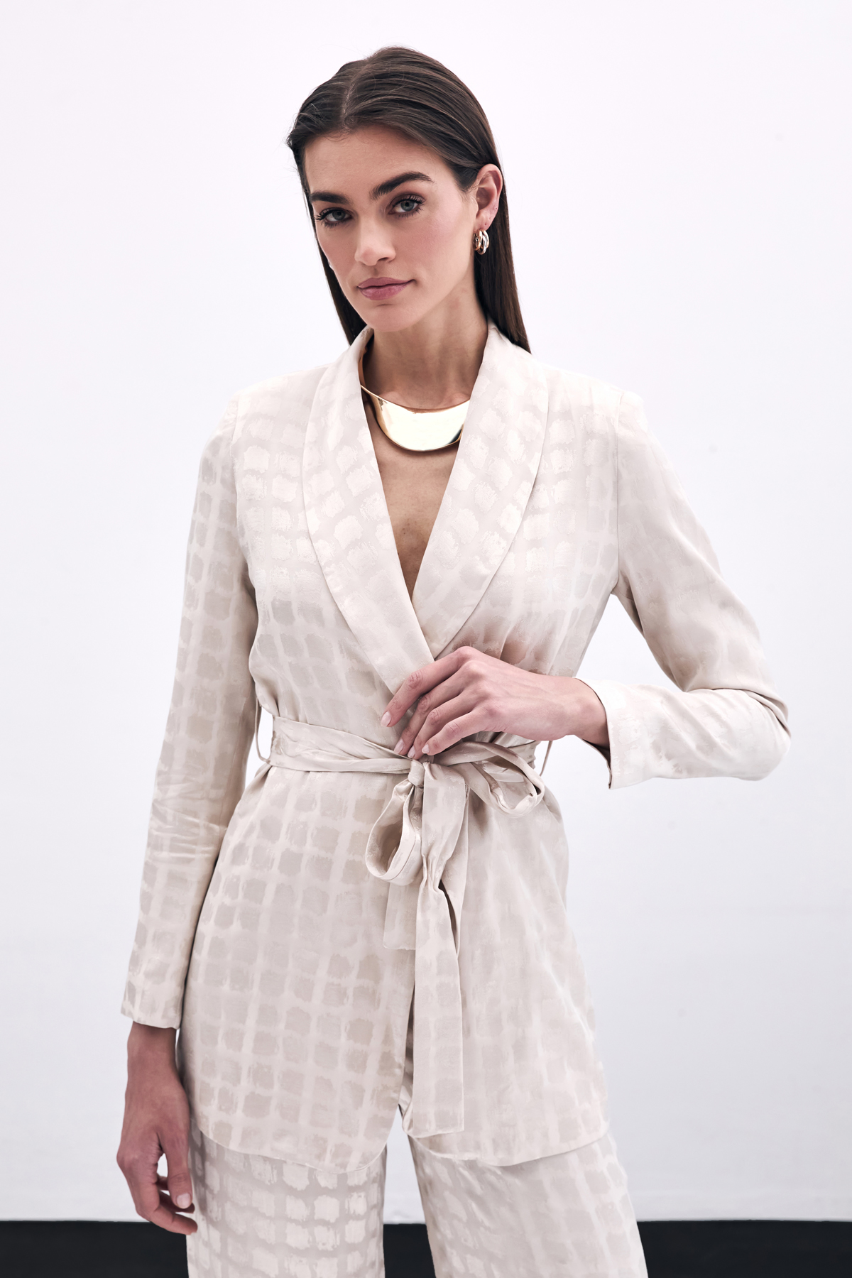 StarinciEkru Kuşaklı Dokulu Blazer Ceket
