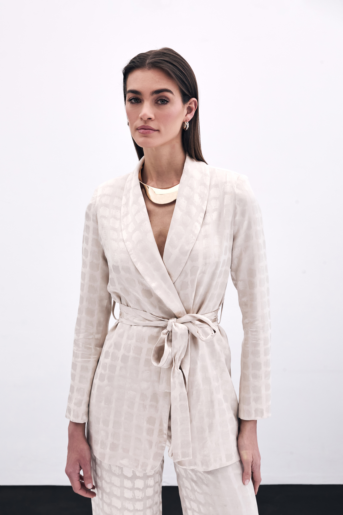StarinciEkru Kuşaklı Dokulu Blazer Ceket