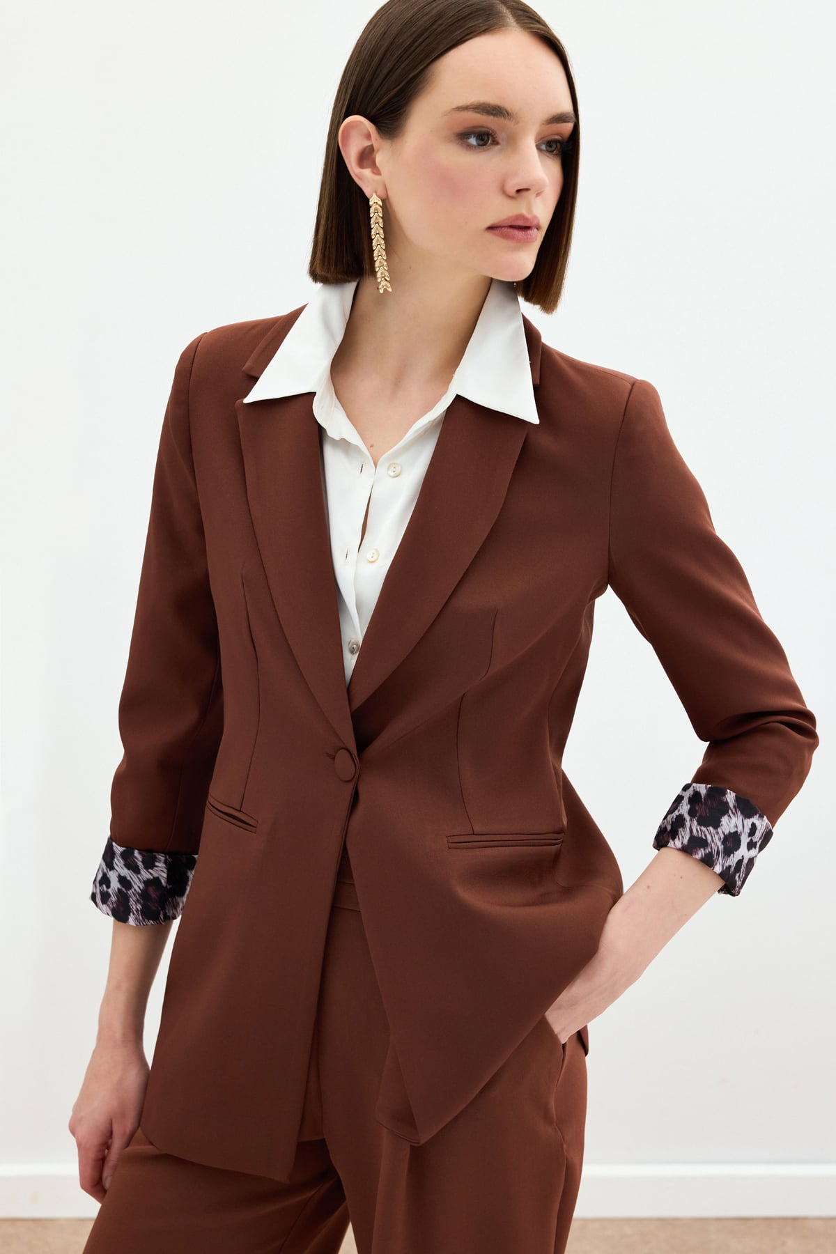 StarinciKahverengi Tek Düğmeli Klasik Blazer Ceket