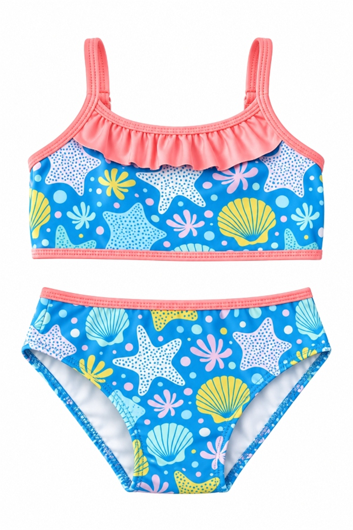 StarinciDeniz Yıldızı ve Deniz Kabuğu Desenli Fırfırlı Kız Çocuk Bikini Takımı
