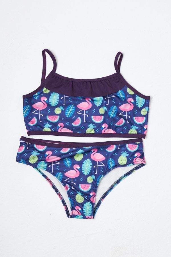 HMMKız Çocuk Bikini Takımı İnce Askılı Mor Flamingolu