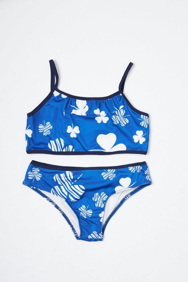 HMMKız Çocuk Bikini Takımı İnce Askılı Mavi Yonca Desen