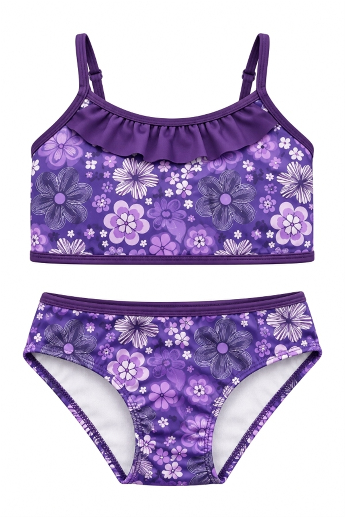 StarinciMor Çiçek Desenli Fırfırlı Kız Çocuk Bikini Takımı
