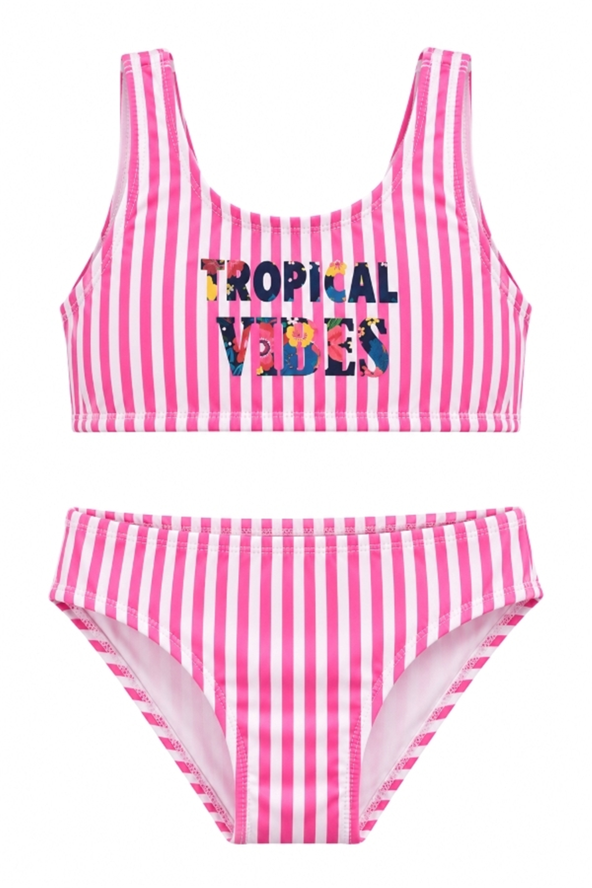 StarinciPembe Çizgili Tropical Vibes Kız Çocuk Bikini Takımı