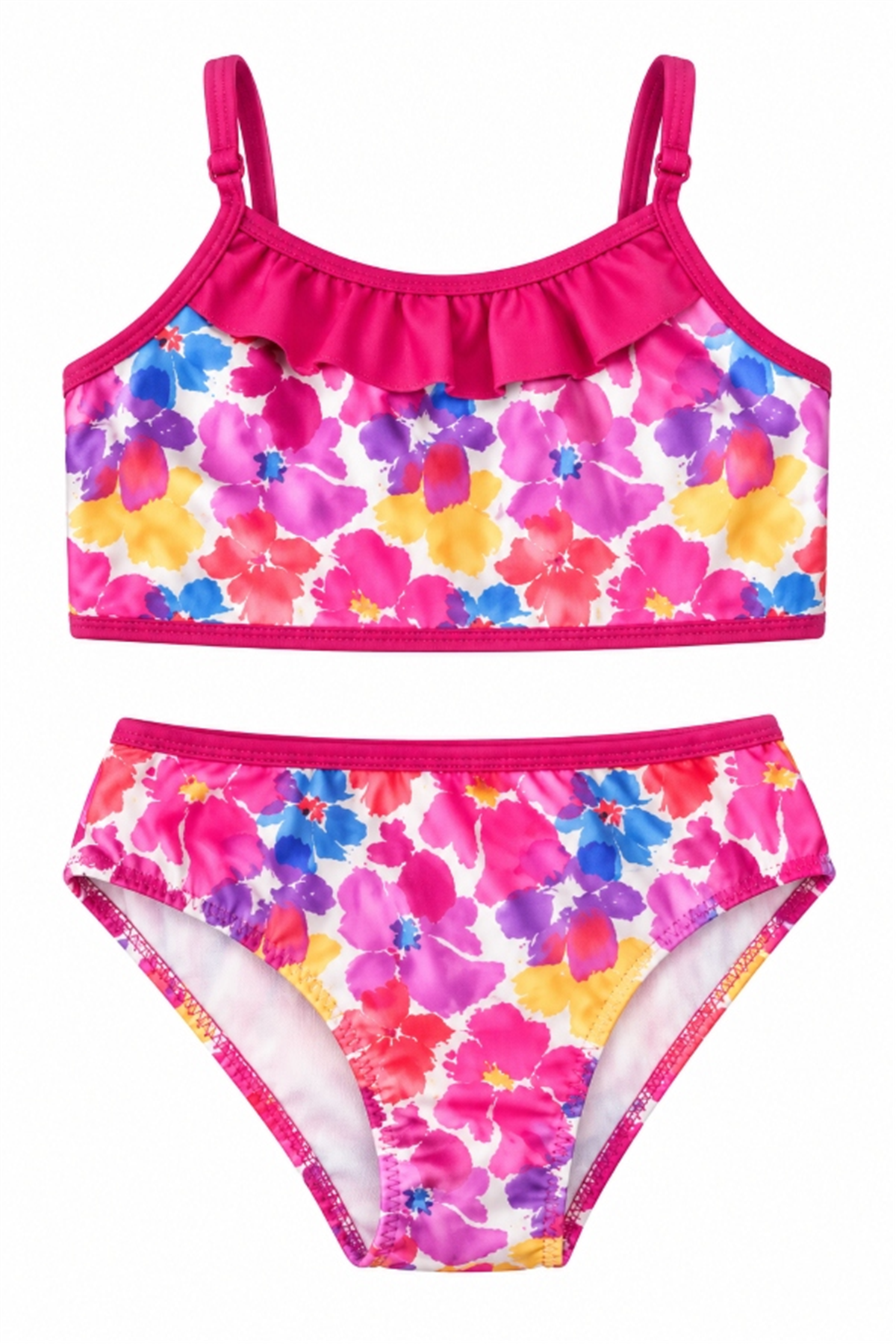 StarinciPembe Suluboya Çiçek Desenli Fırfırlı Kız Çocuk Bikini Takımı