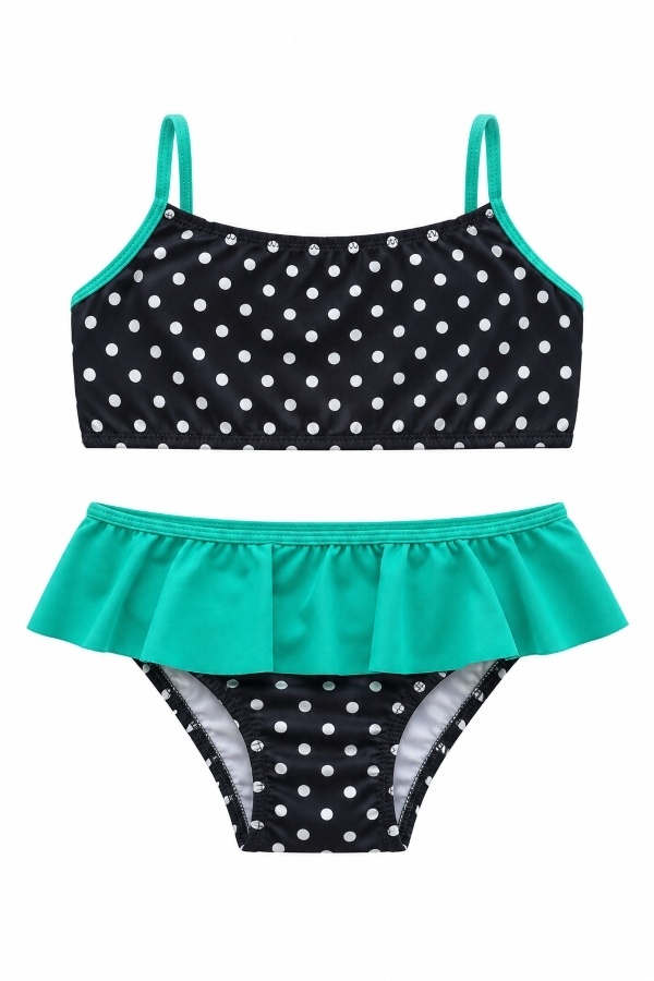 Starinci MayoPuantiyeli Volanlı Kız Çocuk Bikini Takımı Siyah Mint Yeşili 2'li Set