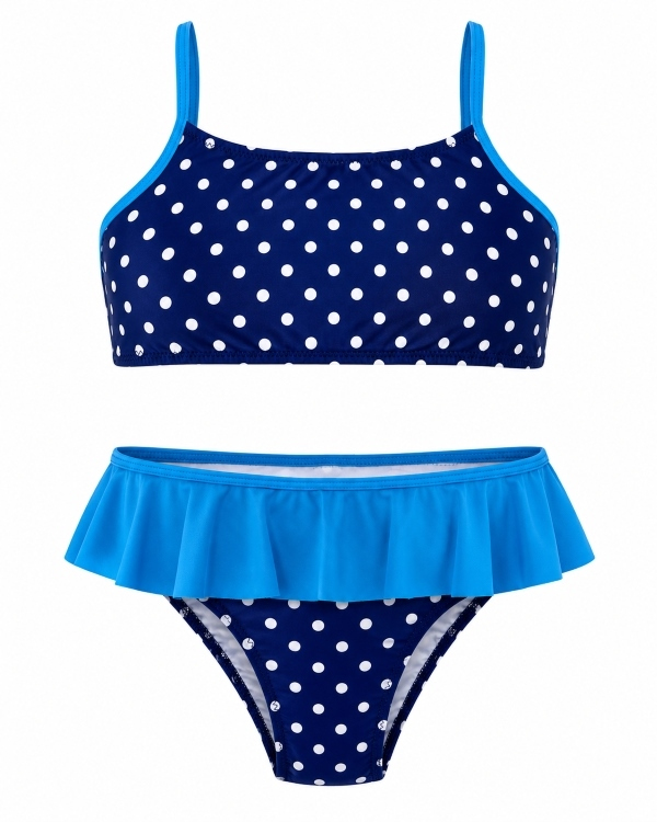 Starinci MayoPuantiyeli Volanlı Kız Çocuk Bikini Takımı Lacivert Mavi 2'li Set