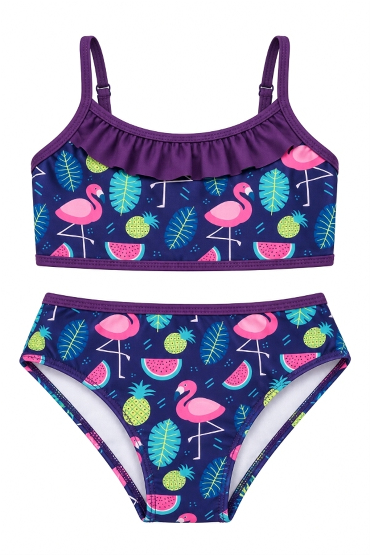 StarinciTropikal Flamingo Desenli Fırfırlı Kız Çocuk Bikini Takımı