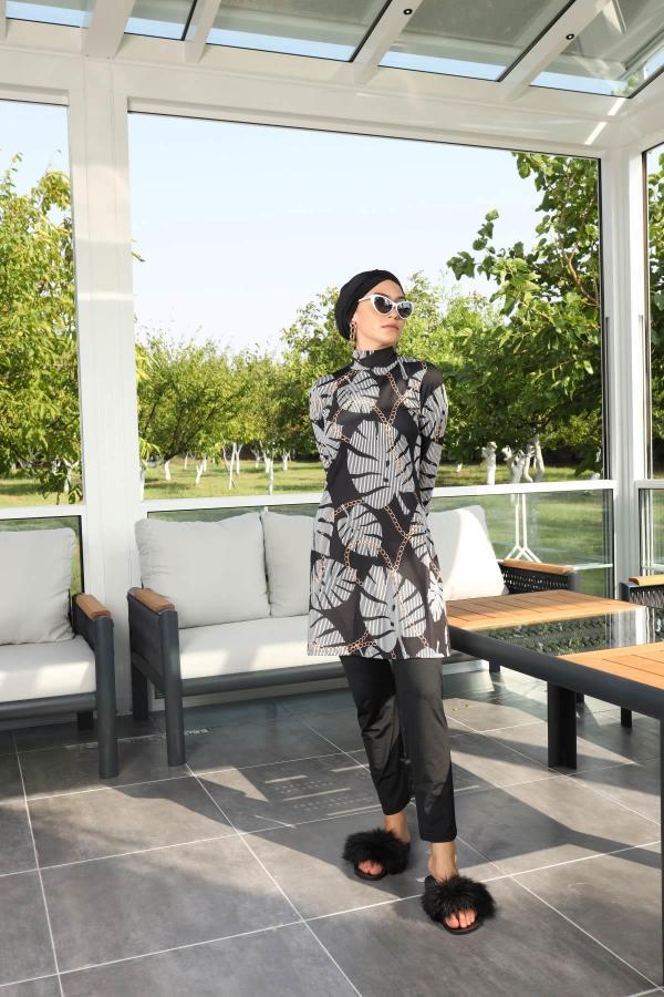 Starinci MayoLikralı Tam Kapalı Mayo Antrasit Zincir Desenli
