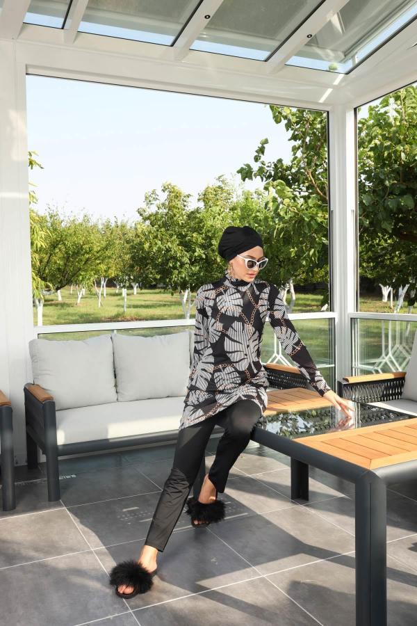 Starinci MayoLikralı Tam Kapalı Mayo Antrasit Zincir Desenli