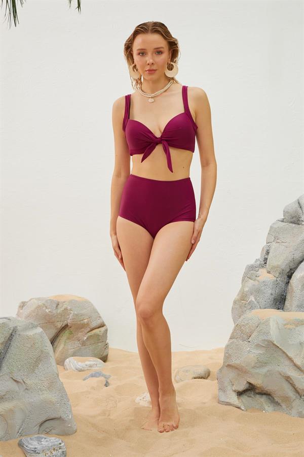 Starinci MayoBüyük Beden Kaplı Bikini Takımı Kurdela Detaylı Fuşya