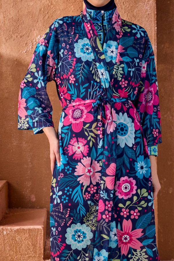 StarinciTesettur Mayo Üzerine Kaftan Pareo Lacivert Çiçek Desenli