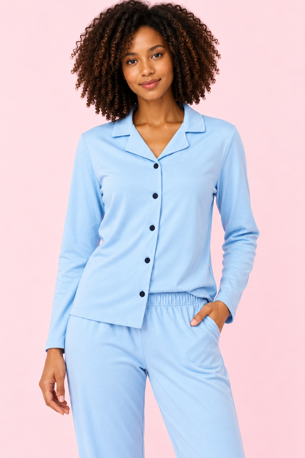 StarinciAçık Mavi Düğmeli Uzun Kollu %95 Pamuk Kadın Pijama Takımı