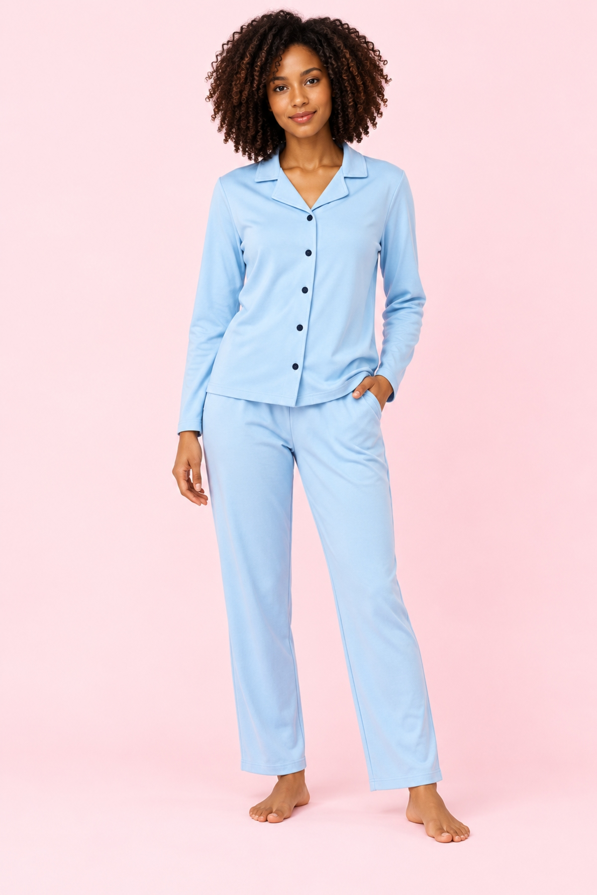 StarinciAçık Mavi Düğmeli Uzun Kollu %95 Pamuk Kadın Pijama Takımı