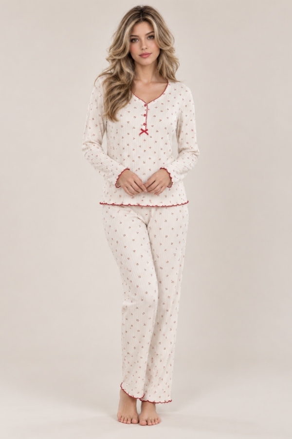 StarinciFırfır Biyeli Ekru Çiçekli Kadın Pijama Takımı