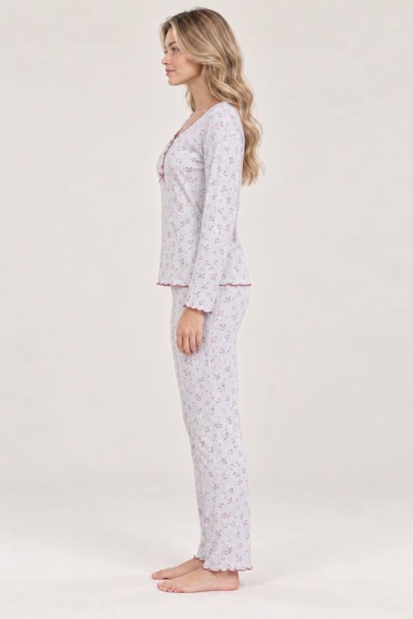 StarinciGri Melanj Pembe Çiçekli Ribana Kadın Pijama Takımı