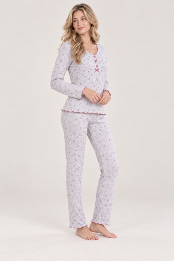 StarinciGri Melanj Pembe Çiçekli Ribana Kadın Pijama Takımı
