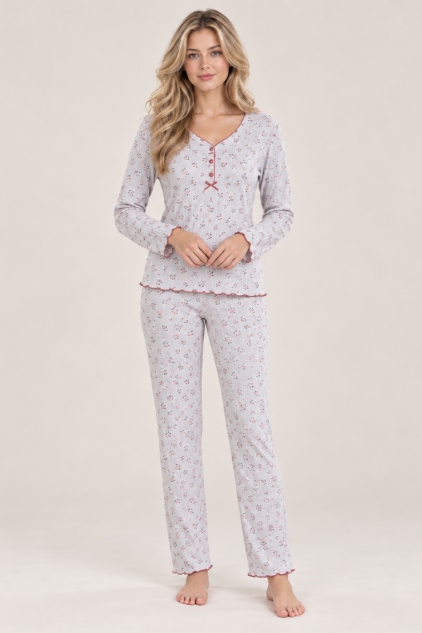 StarinciGri Melanj Pembe Çiçekli Ribana Kadın Pijama Takımı