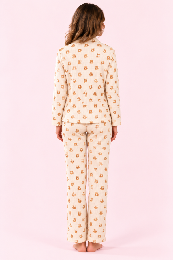 StarinciKadın Ekru Ayıcık Desenli Önden Düğmeli Pijama Takımı