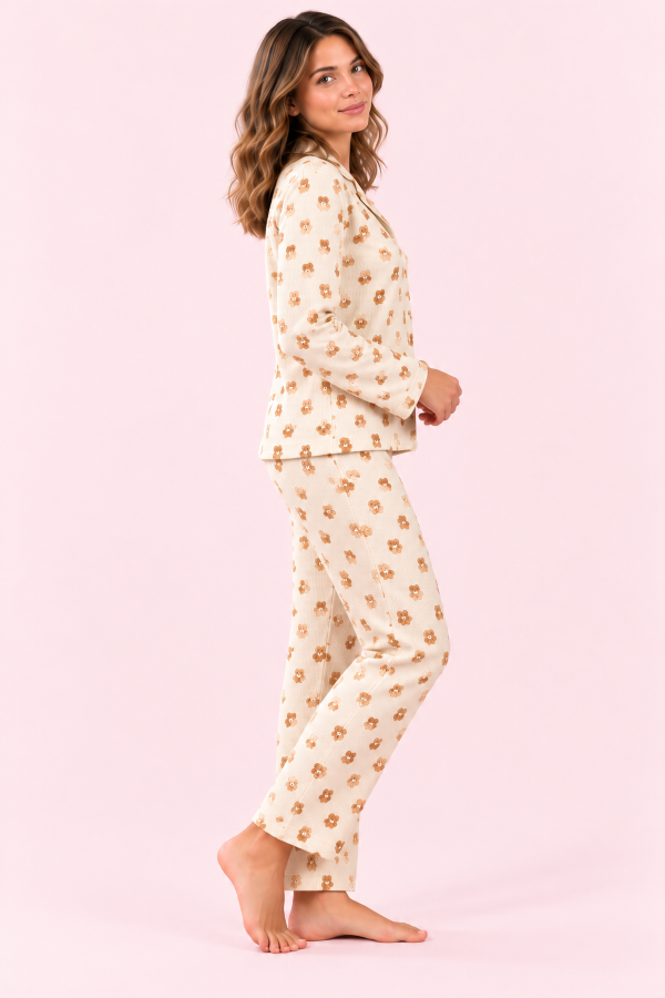 StarinciKadın Ekru Ayıcık Desenli Önden Düğmeli Pijama Takımı