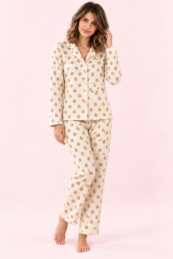 StarinciKadın Ekru Ayıcık Desenli Önden Düğmeli Pijama Takımı