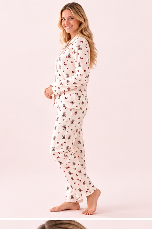 StarinciKadın Ekru Ayıcık ve Fiyonk Desenli Önden Düğmeli Pijama Takımı