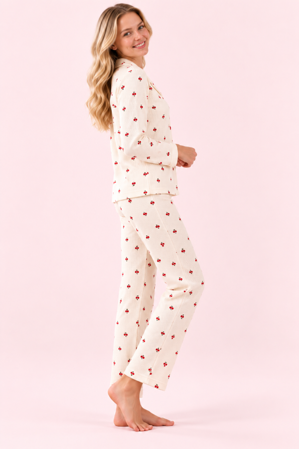 StarinciKadın Ekru Kiraz Desenli Önden Düğmeli Pijama Takımı