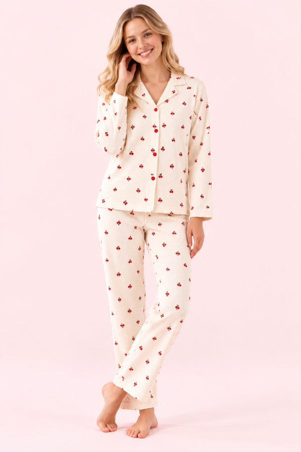 StarinciKadın Ekru Kiraz Desenli Önden Düğmeli Pijama Takımı