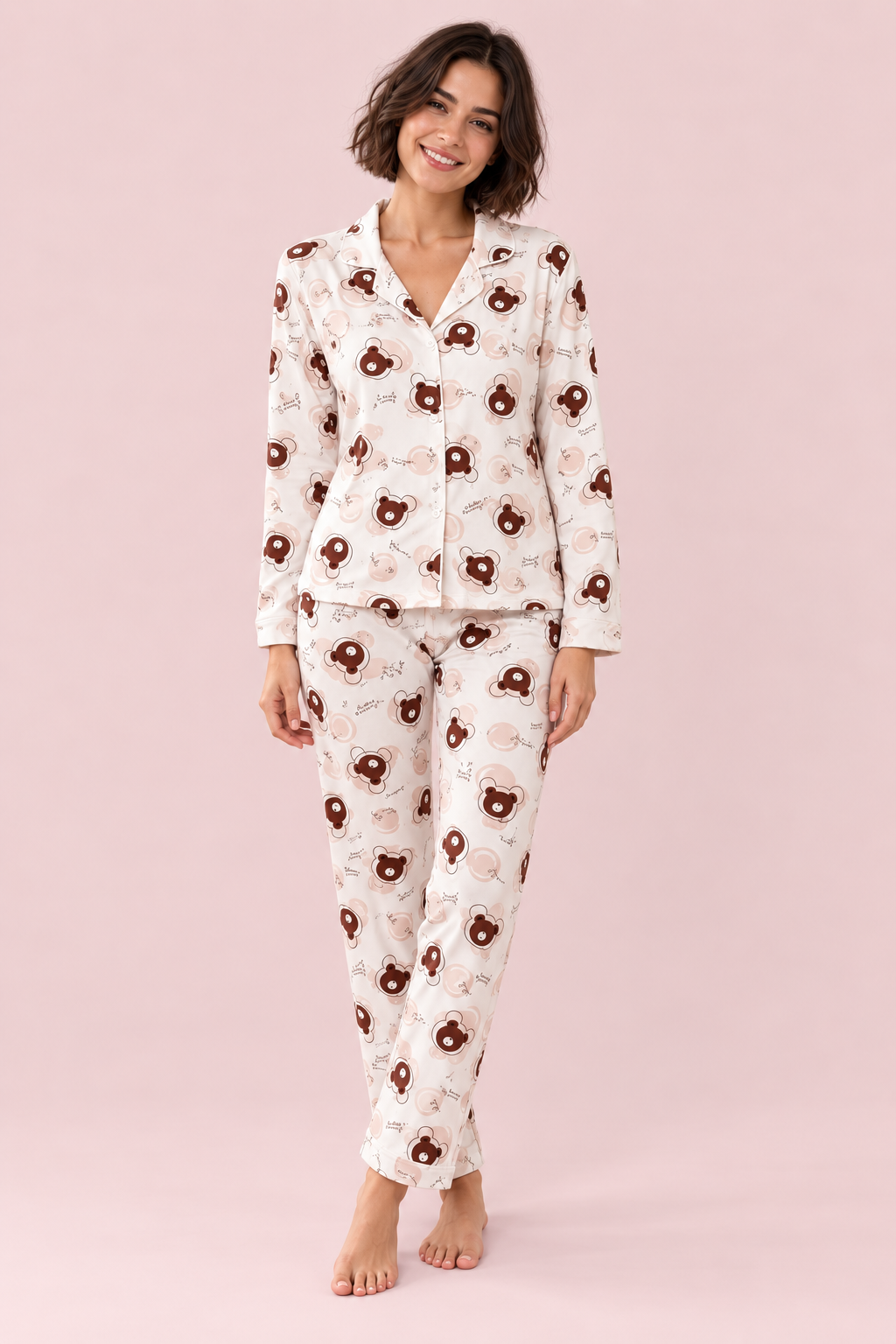 StarinciKadın Ekru Mini Çiçek Desenli Düğmeli Uzun Kollu Pijama Takımı